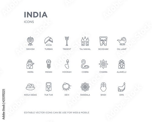 simple set of india vector line icons. contains such icons as dipa, bindi, mandala, devi, tuk tuk, kanji vadas, alamelu, chakra, cobra and more. editable pixel perfect.