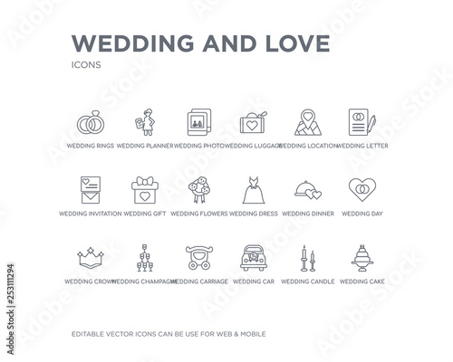 simple set of wedding and love vector line icons. contains such icons as wedding cake, wedding candle, car, carriage, champagne, crown, day, dinner, dress and more. editable pixel perfect.