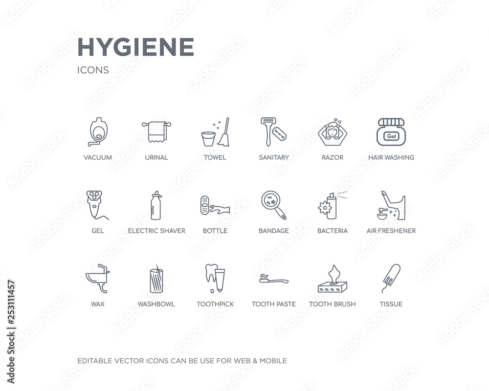 simple set of hygiene vector line icons. contains such icons as tissue, tooth brush, tooth paste, toothpick, washbowl, wax, air freshener, bacteria, bandage and more. editable pixel perfect.