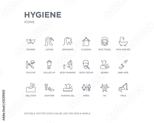 simple set of hygiene vector line icons. contains such icons as virus, wc, wipes, shaving gel, soap bar, ablution, baby wipe, beardy, body odour and more. editable pixel perfect.