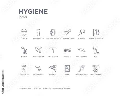 simple set of hygiene vector line icons. contains such icons as hand mirror, handkerchief, lens, lip balm, liquid soap, moisturizer, nail, nail clippers, nail file and more. editable pixel perfect.