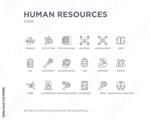 simple set of human resources vector line icons. contains such icons as hierarchical structure, hiring, hourglass, human resources, humanpictos, hurry, infinite, interview, job and more. editable