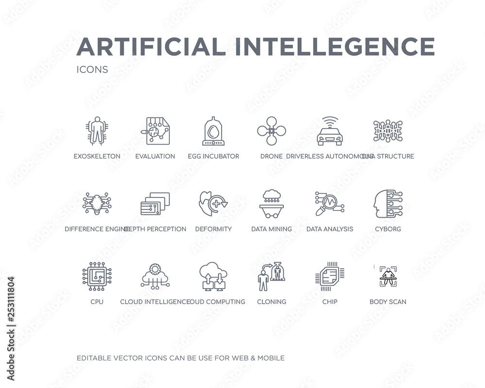 simple set of artificial intellegence vector line icons. contains such icons as body scan, chip, cloning, cloud computing, cloud intelligence, cpu, cyborg, data analysis, data mining and more.