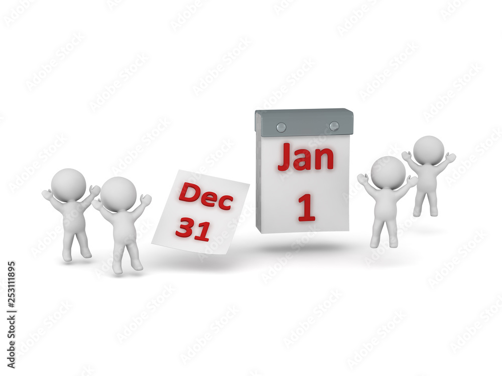 Happy 3D Characters with Calendar Showing New Year Happy 3D Characters with Calendar Showing New Year