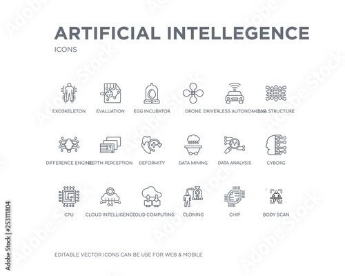 simple set of artificial intellegence vector line icons. contains such icons as body scan, chip, cloning, cloud computing, cloud intelligence, cpu, cyborg, data analysis, data mining and more.