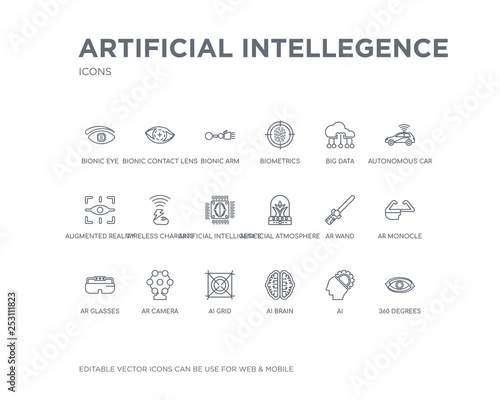 simple set of artificial intellegence vector line icons. contains such icons as 360 degrees, ai, ai brain, ai grid, ar camera, ar glasses, ar monocle, wand, artificial atmosphere and more. editable