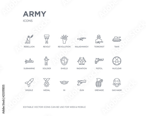 simple set of army vector line icons. contains such icons as gas mask, grenade, gun, in, medal, missile, nuclear, pistol, radiation and more. editable pixel perfect.