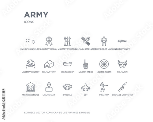 simple set of army vector line icons. contains such icons as grenade launcher, infantry, jet, knuckle, lieutenant, militar antique building, militar in, militar radar, radio and more. editable pixel