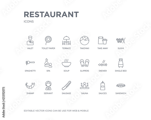 simple set of restaurant vector line icons. contains such icons as sandwich, sauces, sauna, sausage, servant, shrimp, single bed, skewer, slippers and more. editable pixel perfect.