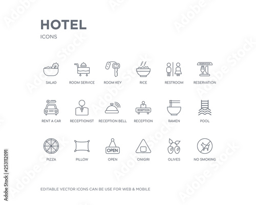 simple set of hotel vector line icons. contains such icons as no smoking, olives, onigiri, open, pillow, pizza, pool, ramen, reception and more. editable pixel perfect.
