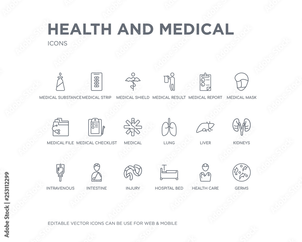 simple set of health and medical vector line icons. contains such icons as germs, health care, hospital bed, injury, intestine, intravenous, kidneys, liver, lung and more. editable pixel perfect.