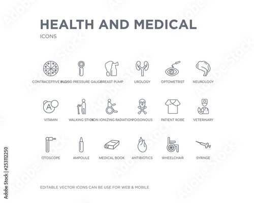 simple set of health and medical vector line icons. contains such icons as syringe, wheelchair, antibiotics, medical book, ampoule, otoscope, veterinary, patient robe, poisonous and more. editable