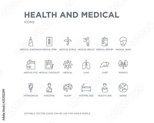 simple set of health and medical vector line icons. contains such icons as germs, health care, hospital bed, injury, intestine, intravenous, kidneys, liver, lung and more. editable pixel perfect.