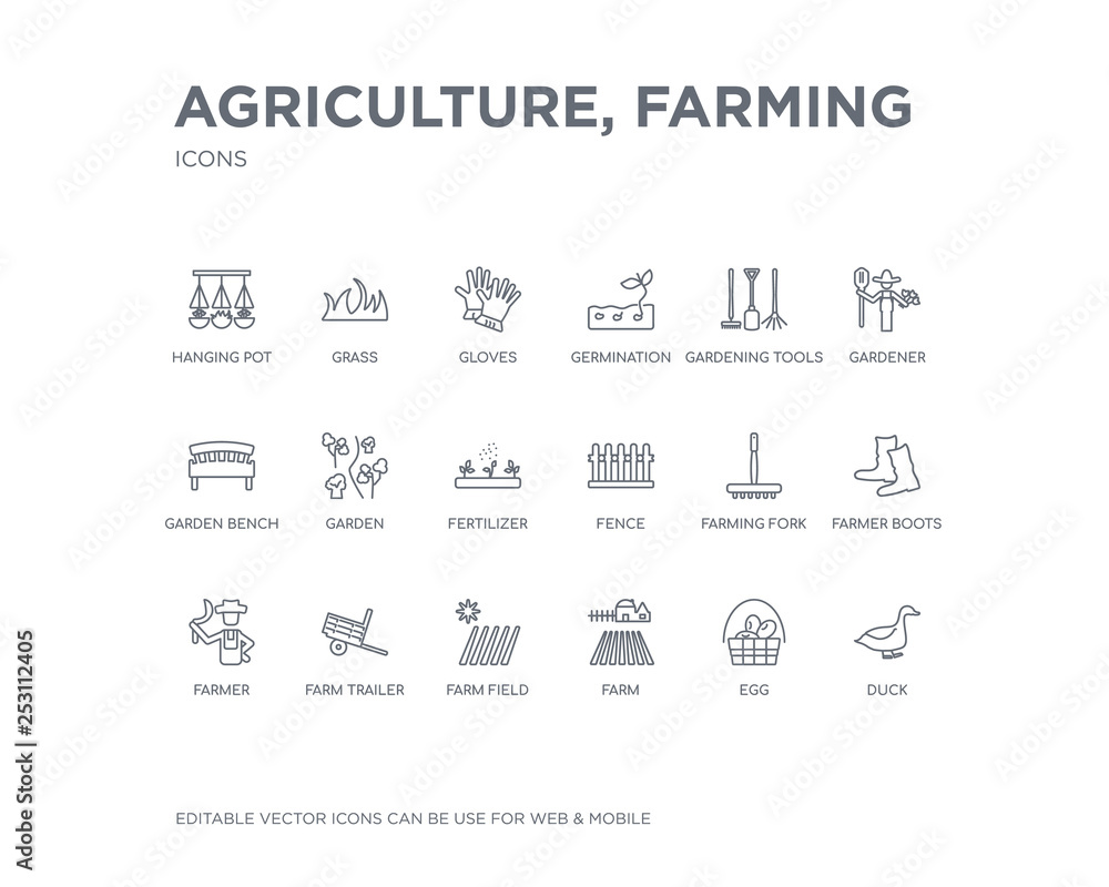 simple set of agriculture, farming vector line icons. contains such icons as duck, egg, farm, farm field, farm trailer, farmer, farmer boots, farming fork, fence and more. editable pixel perfect.