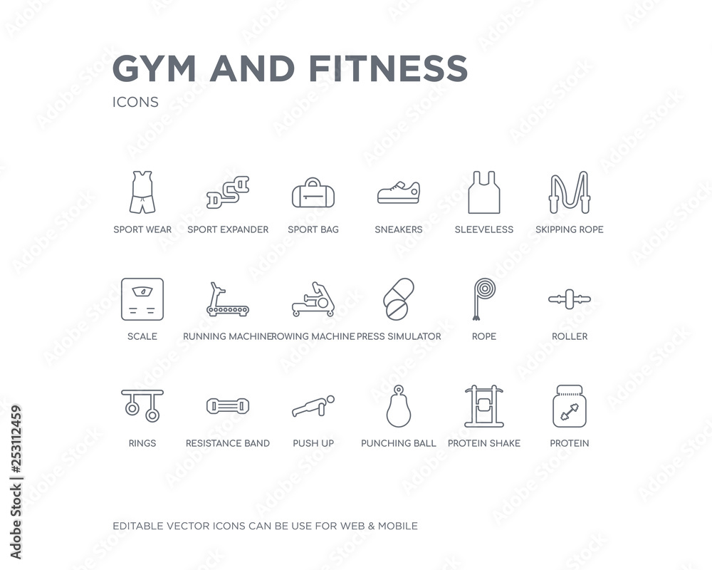 simple set of gym and fitness vector line icons. contains such icons as protein, protein shake, punching ball, push up, resistance band, rings, roller, rope, press simulator and more. editable pixel simple set of gym and fitness vector line icons. contains such icons as protein, protein shake, punching ball, push up, resistance band, rings, roller, rope, press simulator and more. editable pixel