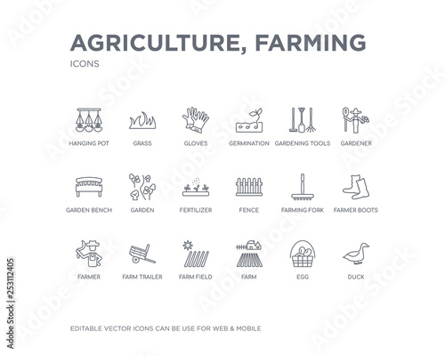 simple set of agriculture, farming vector line icons. contains such icons as duck, egg, farm, farm field, farm trailer, farmer, farmer boots, farming fork, fence and more. editable pixel perfect.