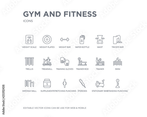 simple set of gym and fitness vector line icons. contains such icons as standing punching ball, stationary bike, steroids, stretching punching ball, supplement, swedish wall, swim, trainer, trainer