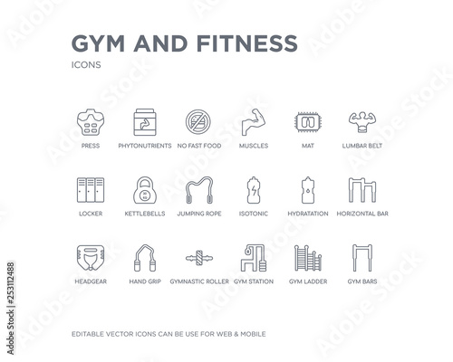 simple set of gym and fitness vector line icons. contains such icons as gym bars, gym ladder, station, gymnastic roller, hand grip, headgear, horizontal bar, hydratation, isotonic and more. editable