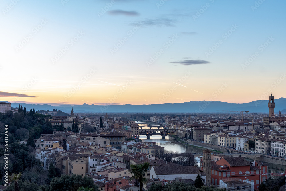 florence,tuscany/Italy 20 february 2019 :panoramic view of florence from michelangelo square at golden hour