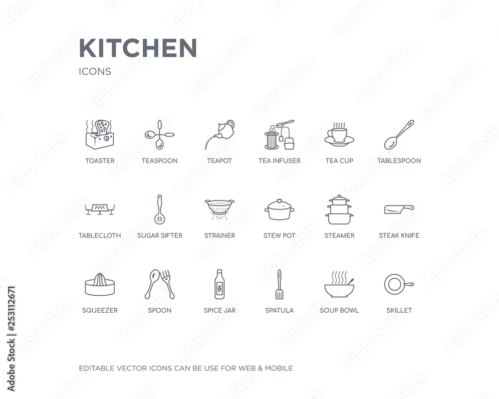 simple set of kitchen vector line icons. contains such icons as skillet, soup bowl, spatula, spice jar, spoon, squeezer, steak knife, steamer, stew pot and more. editable pixel perfect.