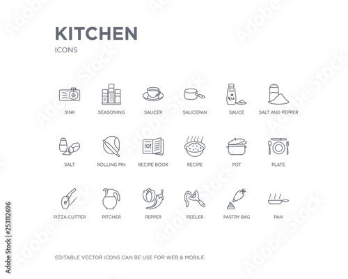 simple set of kitchen vector line icons. contains such icons as pan, pastry bag, peeler, pepper, pitcher, pizza cutter, plate, pot, recipe and more. editable pixel perfect.