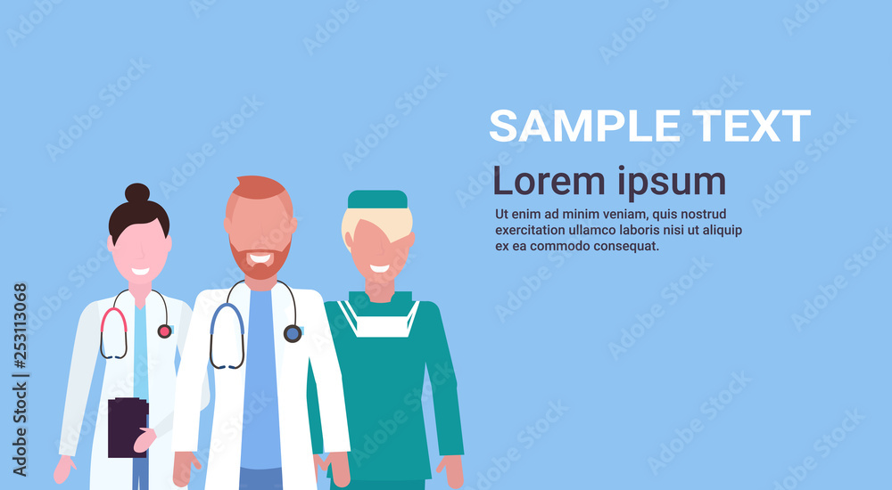 group of medical doctors team in uniform standing together over blue background hospital medical clinic workers portrait flat horizontal copy space group of medical doctors team in uniform standing together over blue background hospital medical clinic workers portrait flat horizontal copy space