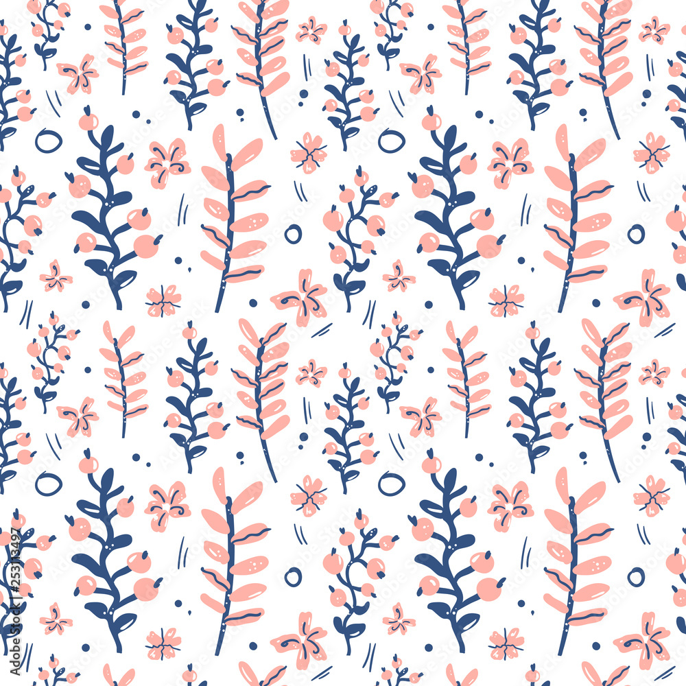 Vector seamless pattern in trendy hand drawn style, with fantastic flowers, branches and leaves.