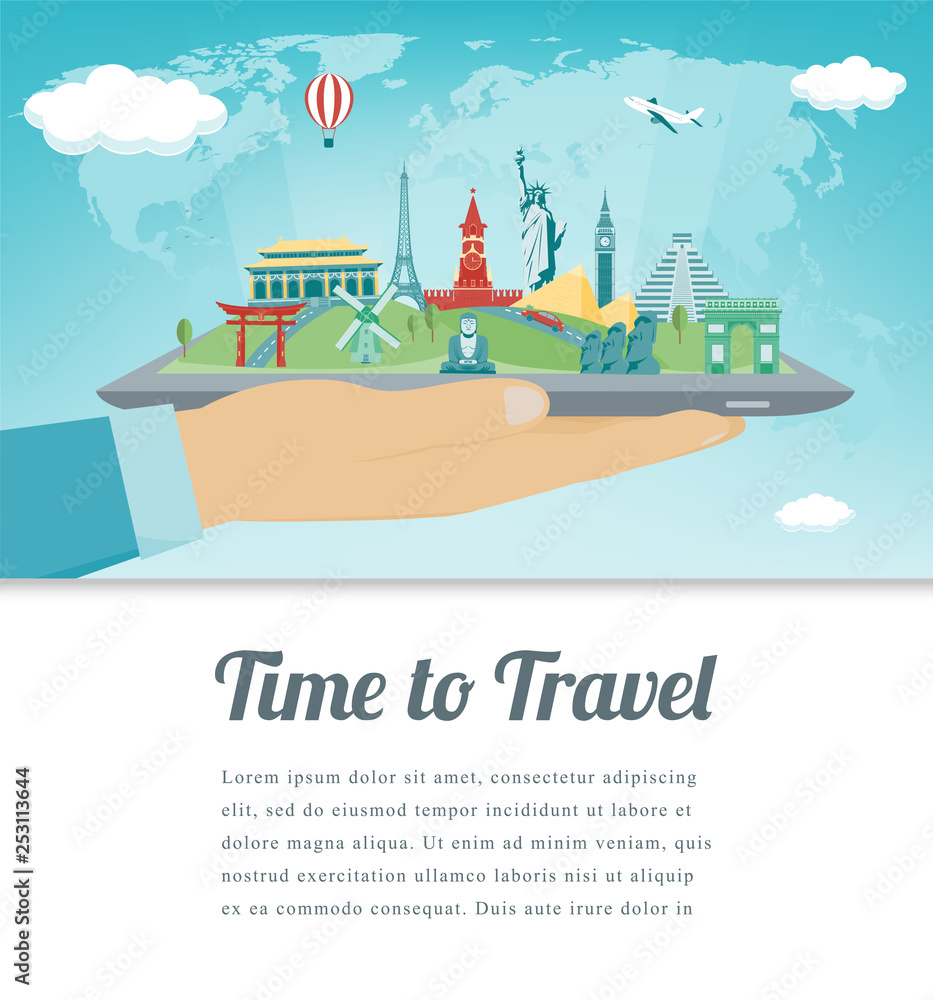 Travel composition with famous world landmarks. Travel and Tourism concept. Vector Travel composition with famous world landmarks. Travel and Tourism concept. Vector