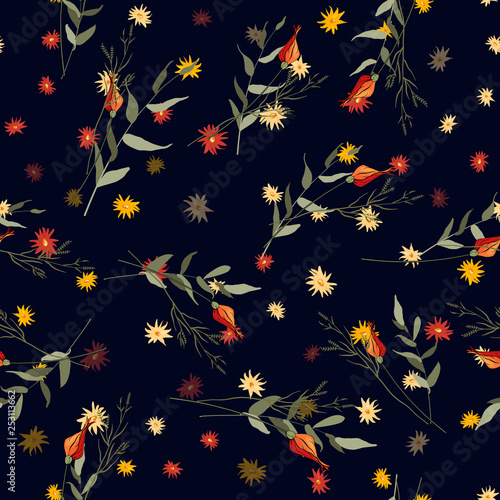 Modern botanical background. Hand drawn vector illustration. Folk flowers, roses. Seamless floral pattern.