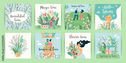 Set of cute illustrations with people and spring nature.
