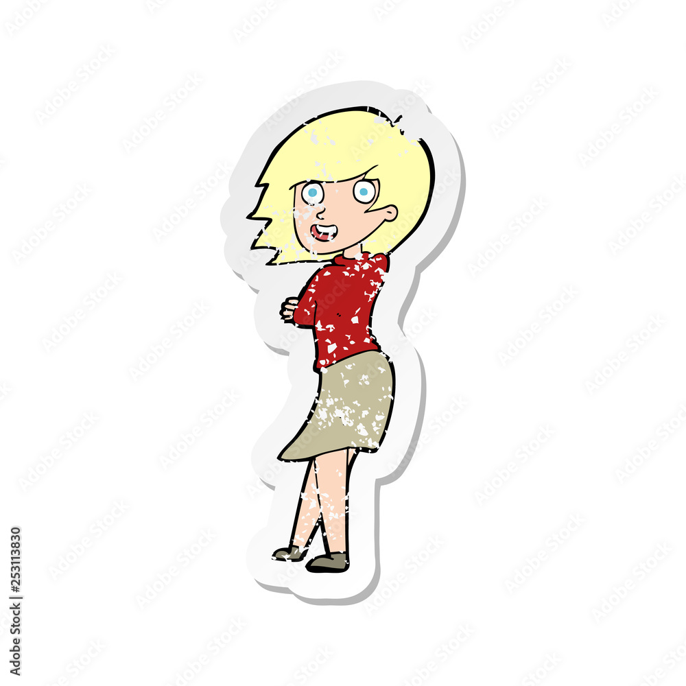 retro distressed sticker of a cartoon happy woman retro distressed sticker of a cartoon happy woman