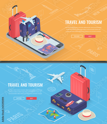 Travel banners in Isometric style. Travel and tourism. Concept website template. Vector