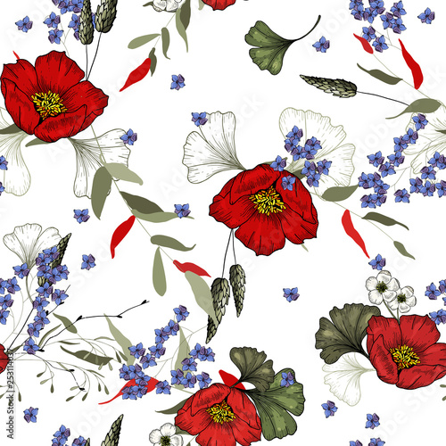 Modern botanical background. Hand drawn vector illustration. Folk flowers. Seamless floral pattern.