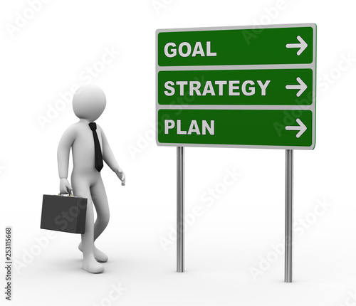3d businessman goal strategy plan roadsign