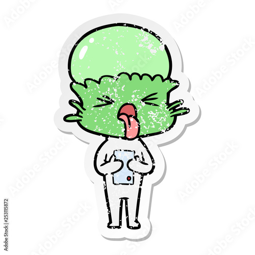 distressed sticker of a disgusted cartoon alien