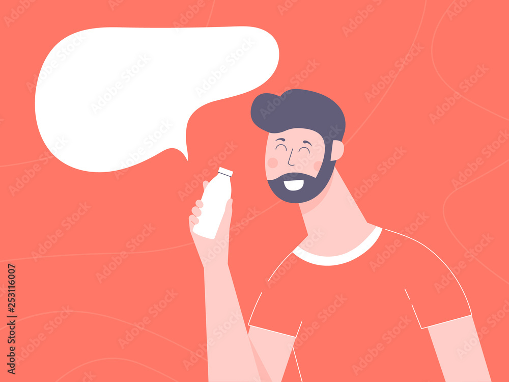 An attractive male character holding a bottle of water, milk or soda. Friendly smiling guy with speech balloon. Vector illustration on a bright red background. An attractive male character holding a bottle of water, milk or soda. Friendly smiling guy with speech balloon. Vector illustration on a bright red background.