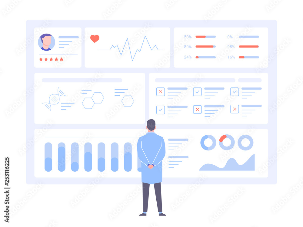 A male doctor is standing back to us in front of a big data screen. Diagnosis of diseases, medical tests, effective treatment. Dashboard with patient health information. Vector illustration. A male doctor is standing back to us in front of a big data screen. Diagnosis of diseases, medical tests, effective treatment. Dashboard with patient health information. Vector illustration.