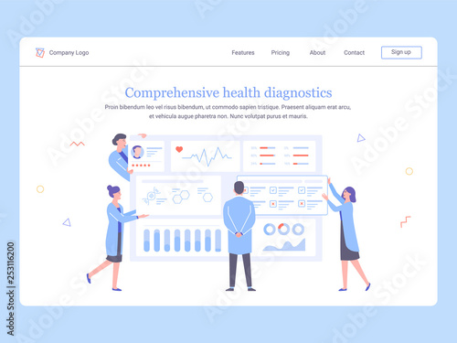 Medical team of doctors analyzes patient data. Dashboard with information. The physician examines the tests, nurses, assistants and doctors provide data. Concept landing page template.