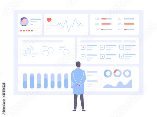 A male doctor is standing back to us in front of a big data screen. Diagnosis of diseases, medical tests, effective treatment. Dashboard with patient health information. Vector illustration.