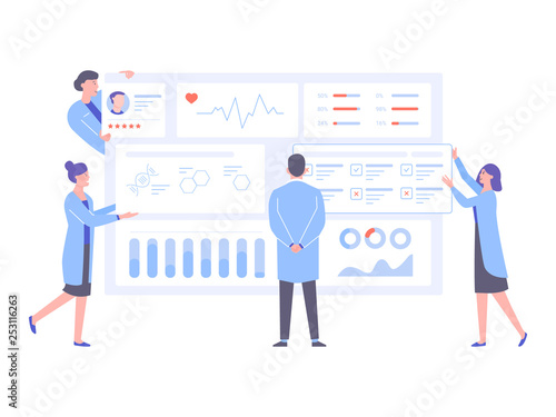 The physician doctor and the nurses analyze the patient's medical data. Big dashboard with information. Diagnosis of diseases, the study of tests and treatment. Pure light vector illustration.
