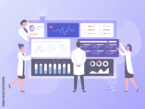 The physician doctor and the nurses analyze the patient's medical data. Big dashboard with information. Diagnosis of diseases, the study of tests and treatment. Bright vector illustration.