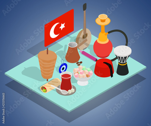 Turkish tea concept banner. Isometric banner of turkish tea vector concept for web, giftcard and postcard