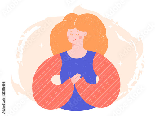 Cute odd character girl. Red hair, bright clothes, hands folded on top of each other. Vector illustration on pastel background.