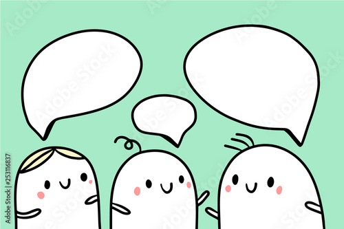 Three friends talking illustration with cute marshmallow and speech bubbles