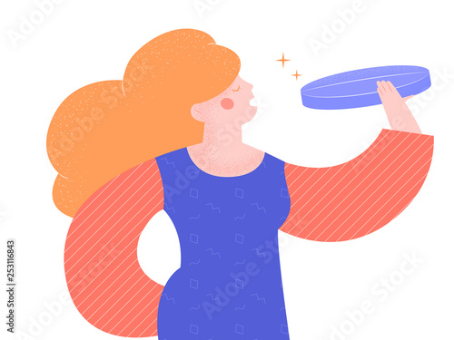 The girl is going to swallow a giant pill. Antidepressants, sleeping pills, treatment of diseases. Vector illustration isolated on white background. Bright trendy character.