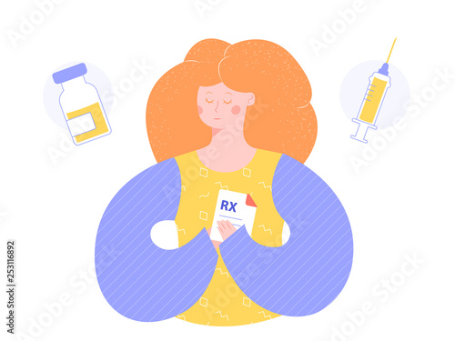 A redhead woman is holding a prescription for medicine. Next icon boxes with pills and syringe. Health care, disease treatment, preventive measures. 