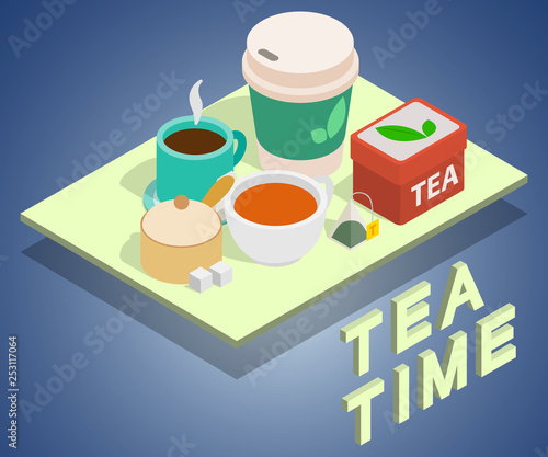 Tea time concept banner. Isometric banner of tea time vector concept for web, giftcard and postcard