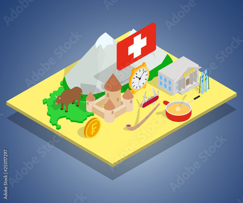 Swiss concept banner. Isometric banner of swiss vector concept for web, giftcard and postcard