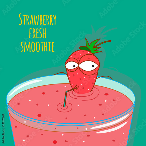 Cartoon strawberry smoothie vector illustration, cute fruit sitting in the glass and drinking healthy coctail. EPS 10.