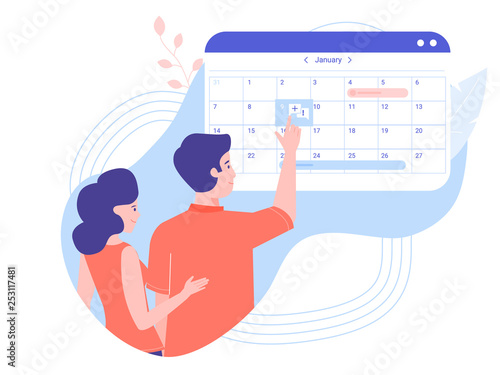 A young couple is recorded on a consultation with a doctor. Online calendar, health care, pregnancy planning. Vector illustration on a medical theme.